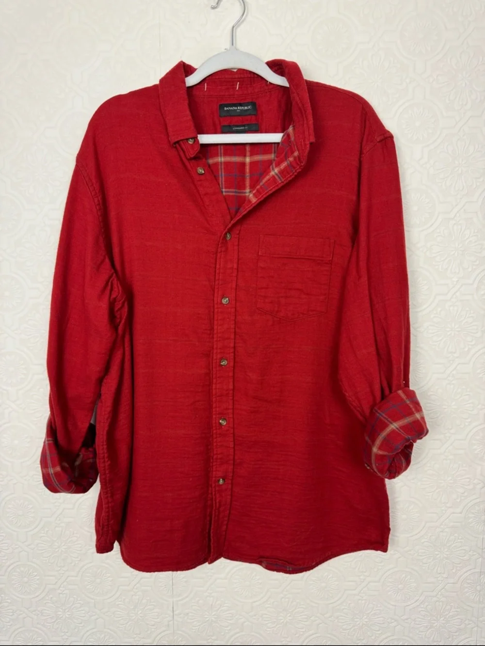 Banana Republic double Cloth Red Flannel Shirt XL‎ Plaid Lined Button Down
